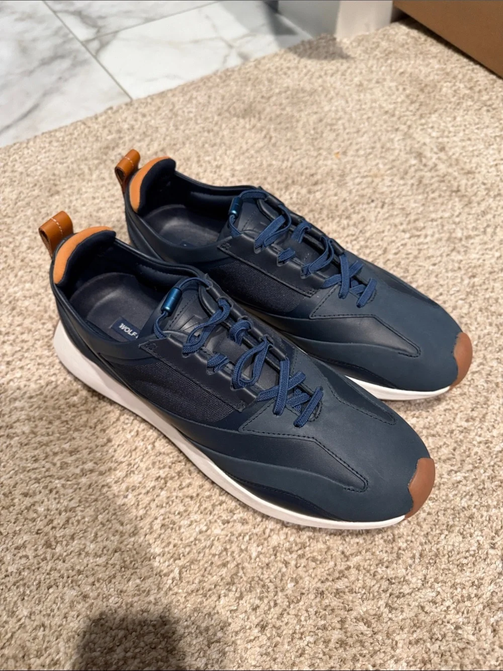 Men's Navy Blue Wolf & Shepherd Dress Shoes, Size 10.5, like new, stretchy laces